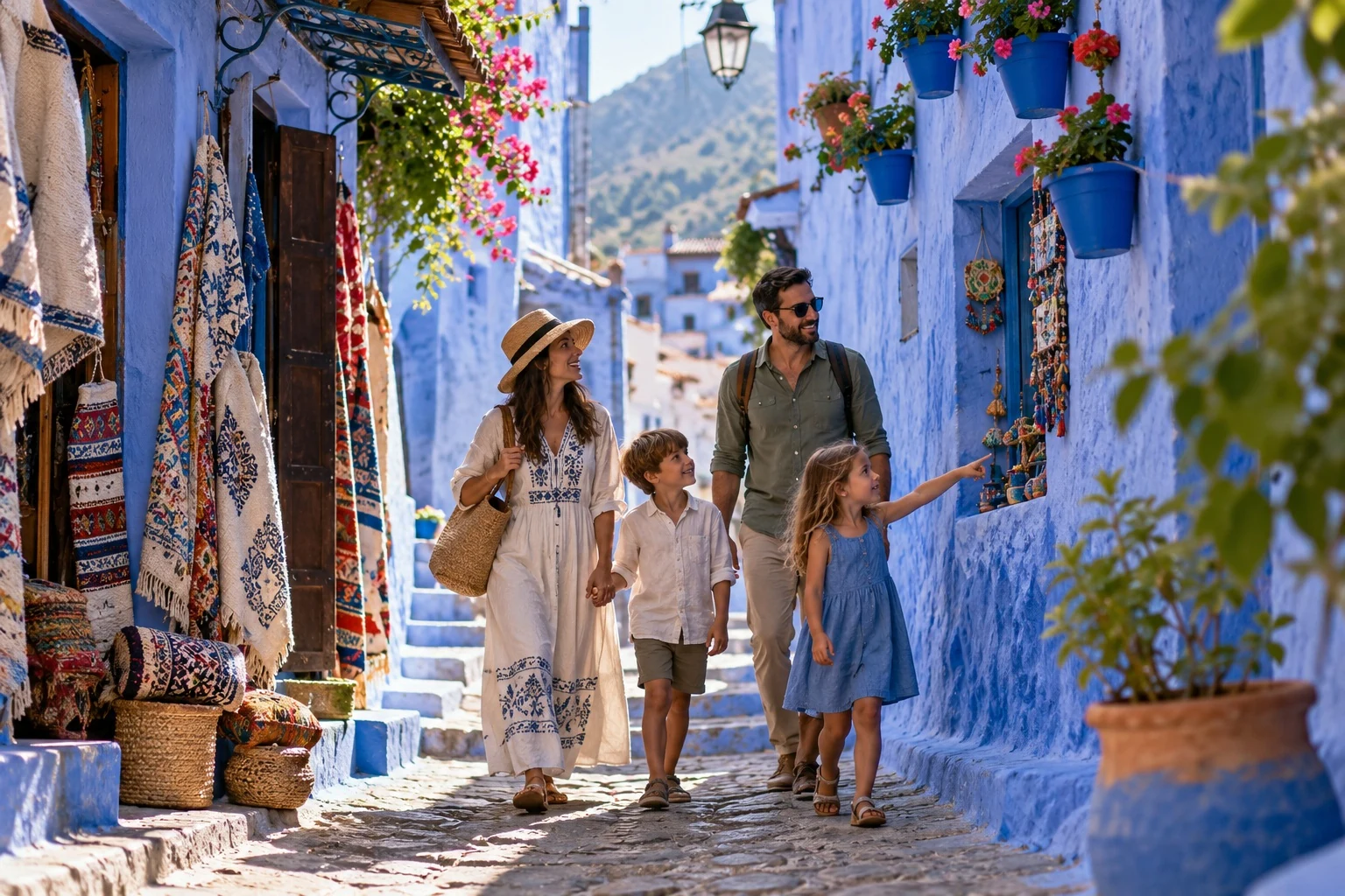 Famiglia con due bambini che passeggia tra le strade blu di Chefchaouen