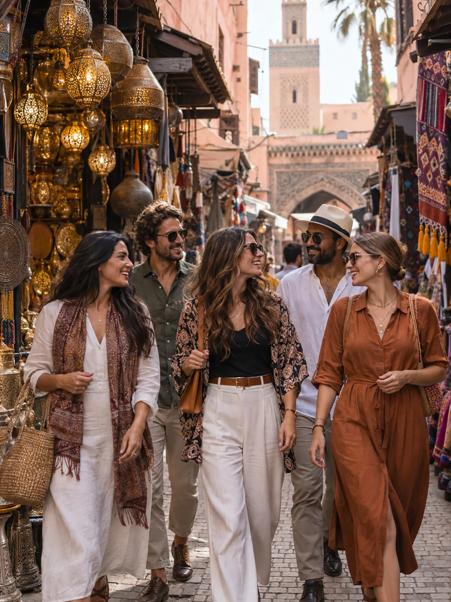 Amici passeggiano insieme tra le botteghe di una medina marocchina