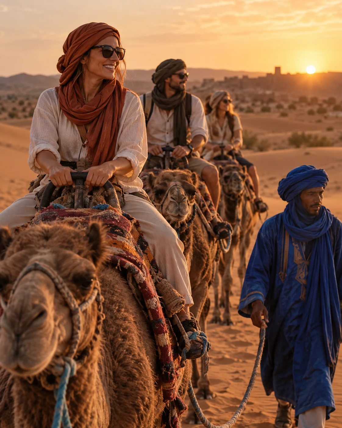 Amici sui dromedari con guida tra le dune al tramonto