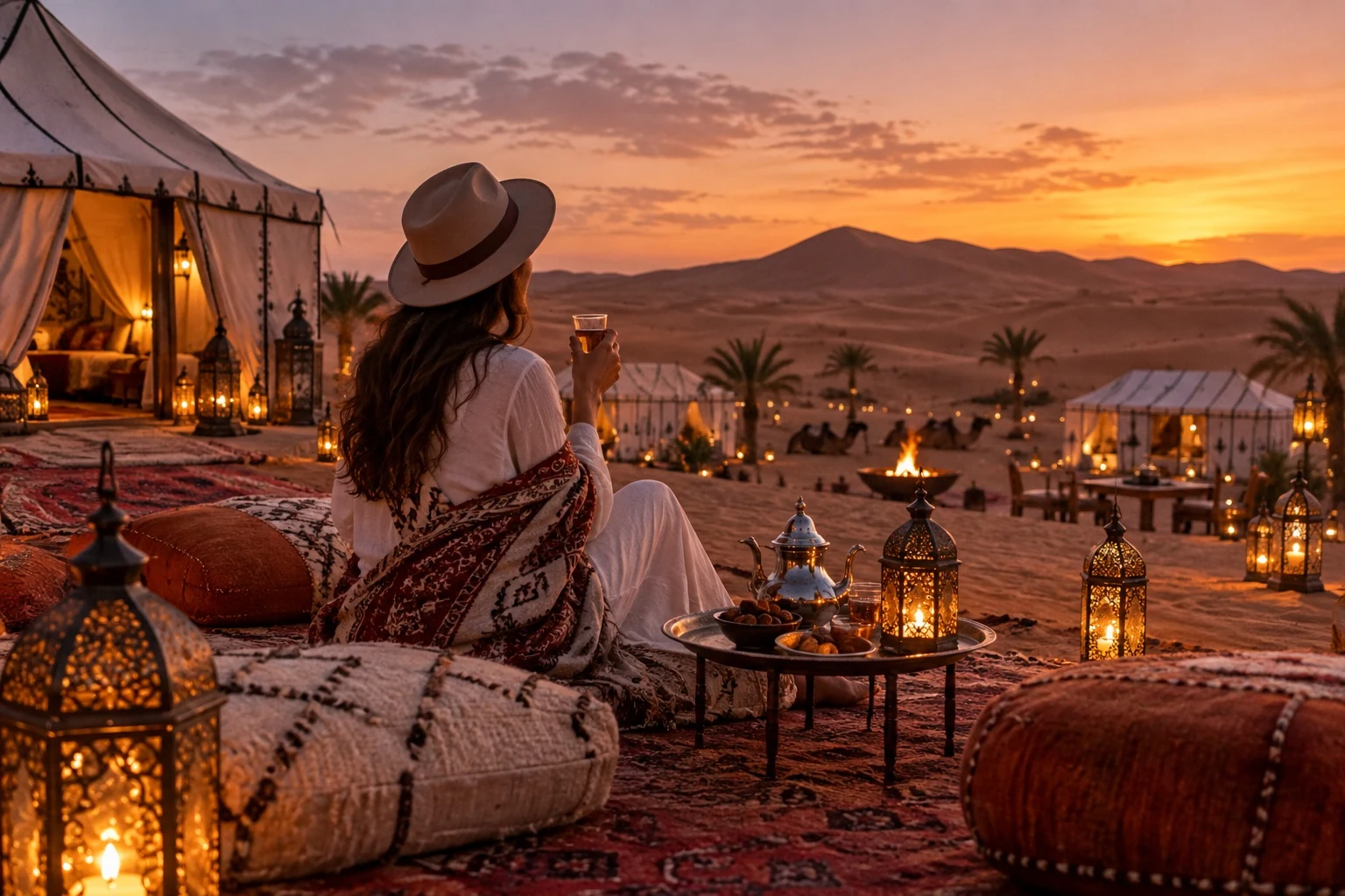 Viaggiatrice con un bicchiere di tè davanti alle tende del deserto al tramonto
