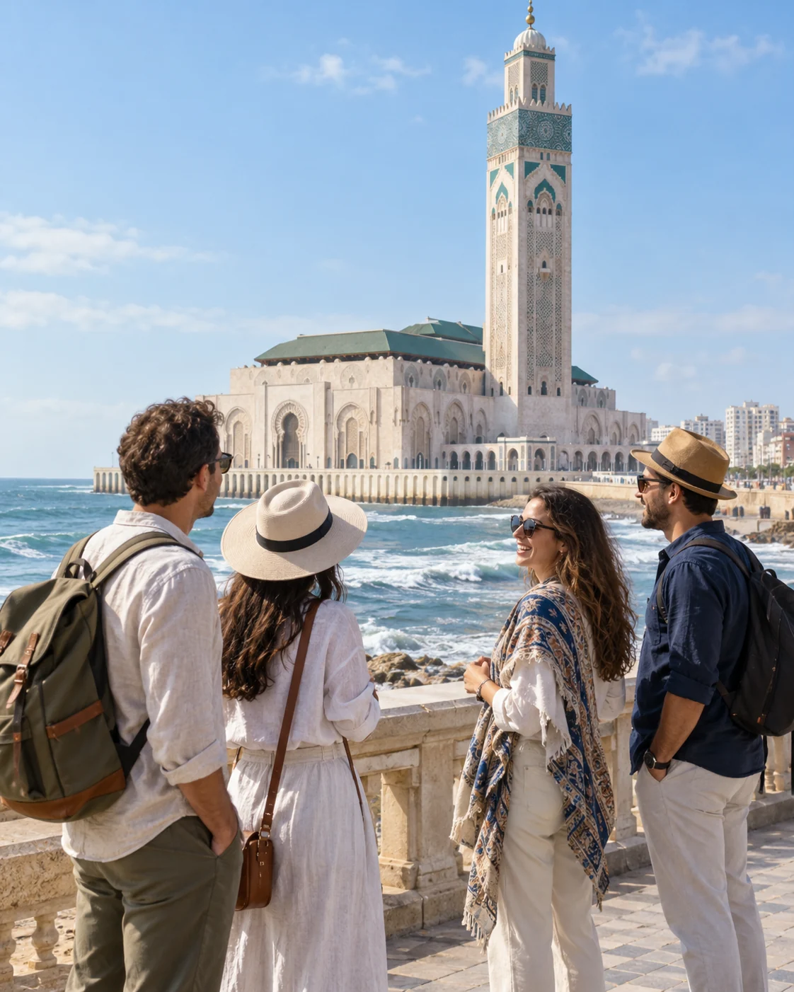 Amici davanti alla Moschea Hassan II a Casablanca