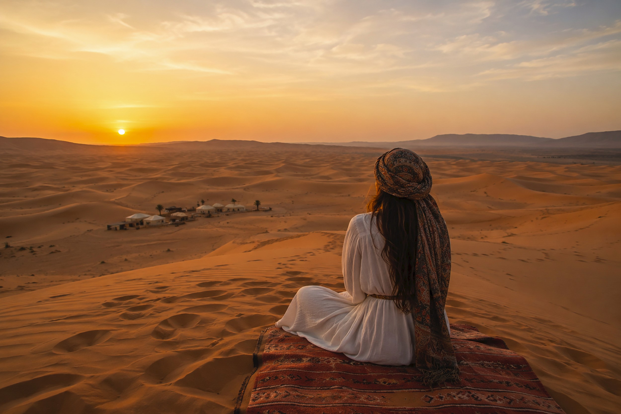 Viaggiatrice osserva le dune del Sahara al tramonto