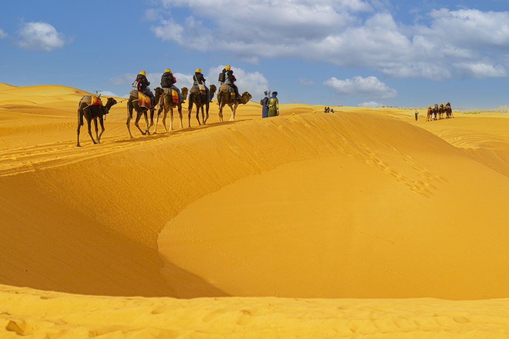 Carovana attraversa le dune del Sahara