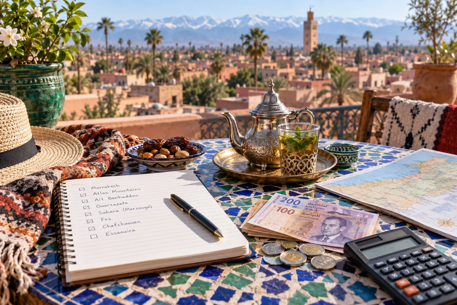Taccuino di itinerario, mappa, tè e valuta marocchina su un tavolo affacciato su Marrakech