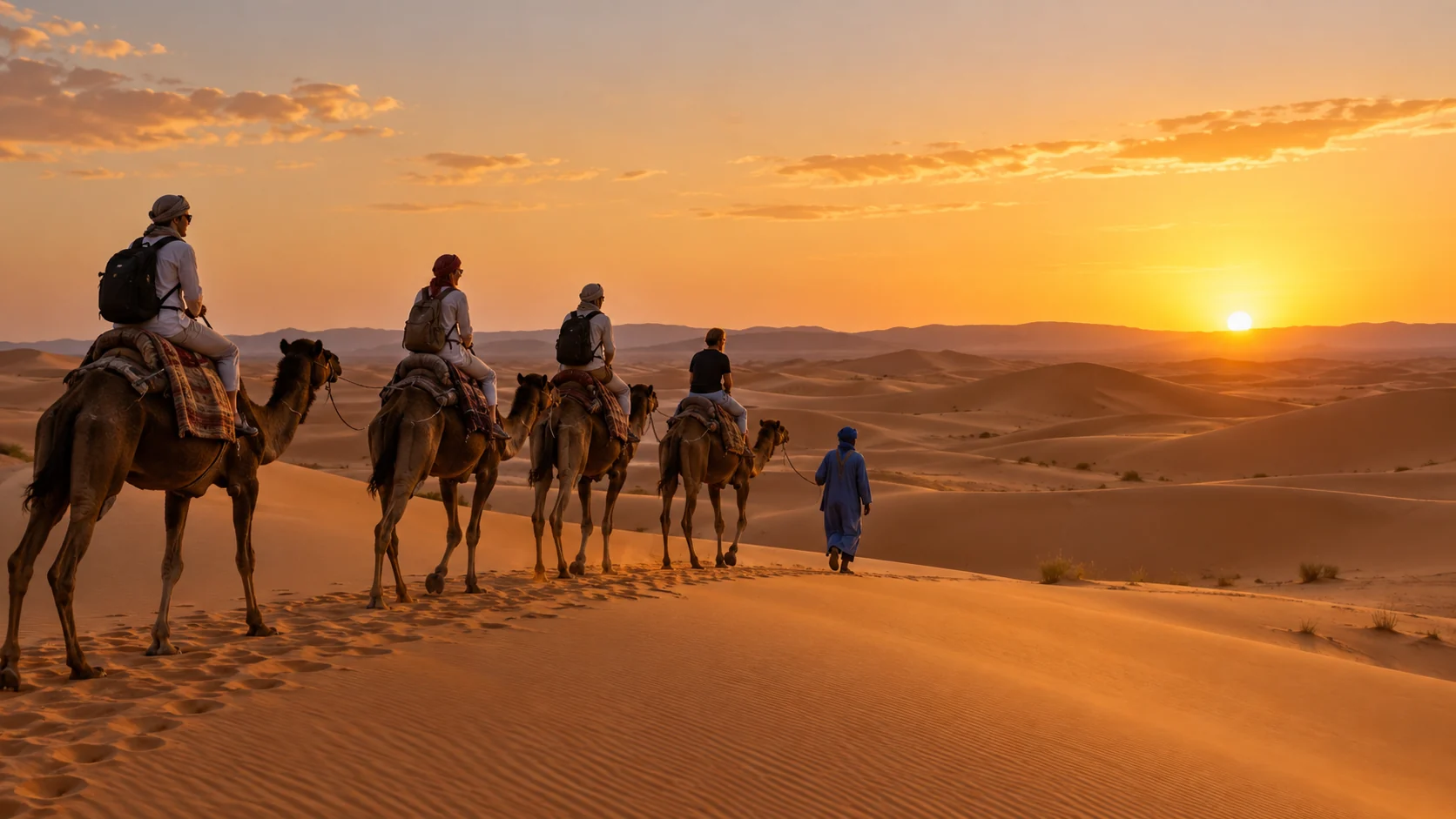 Carovana tra le dune del Sahara al tramonto