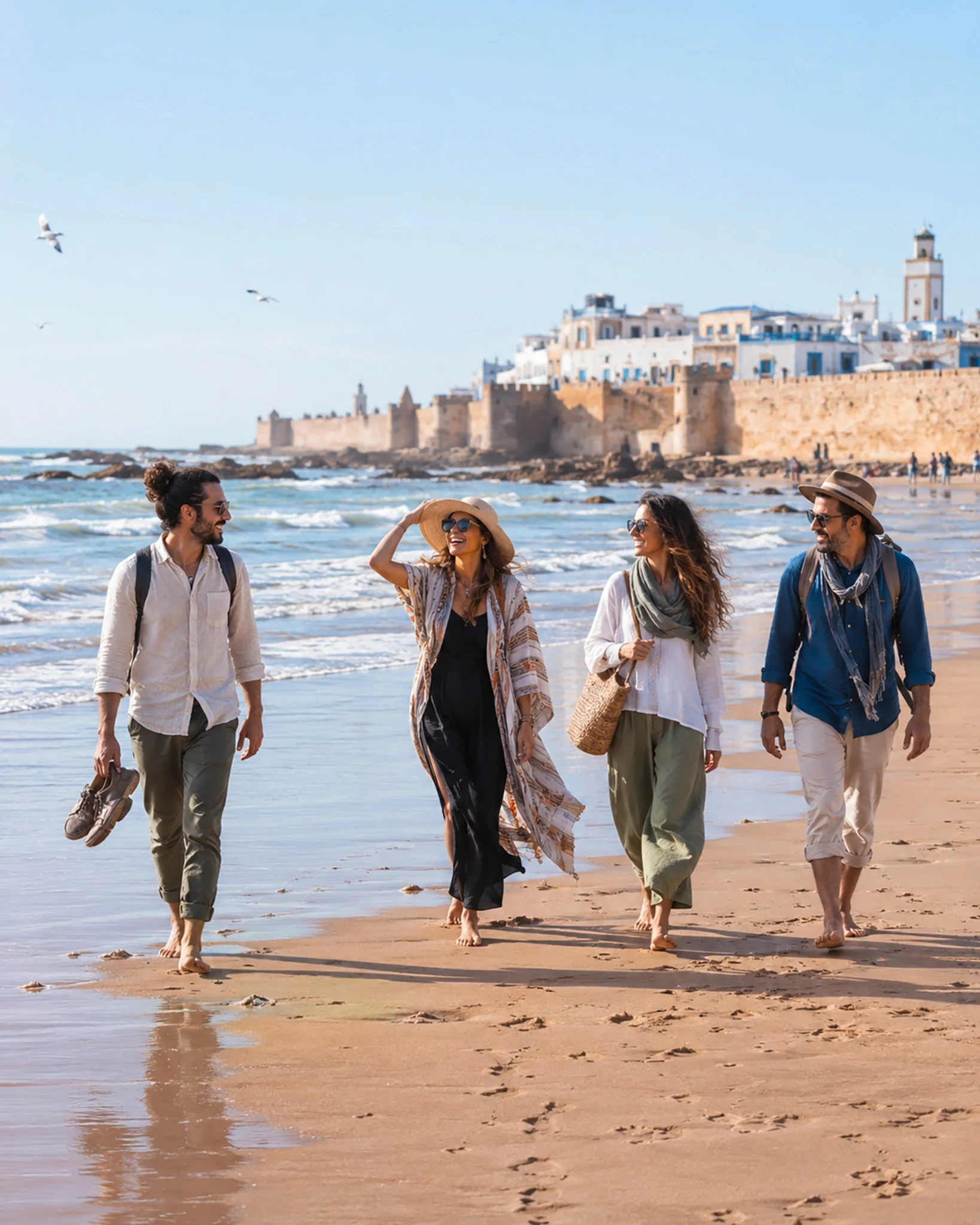 Quattro amici passeggiano sulla spiaggia di Essaouira davanti alla città