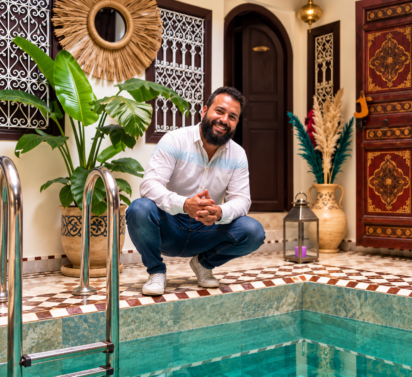 Omar Boutesga seduto accanto alla piscina di un riad