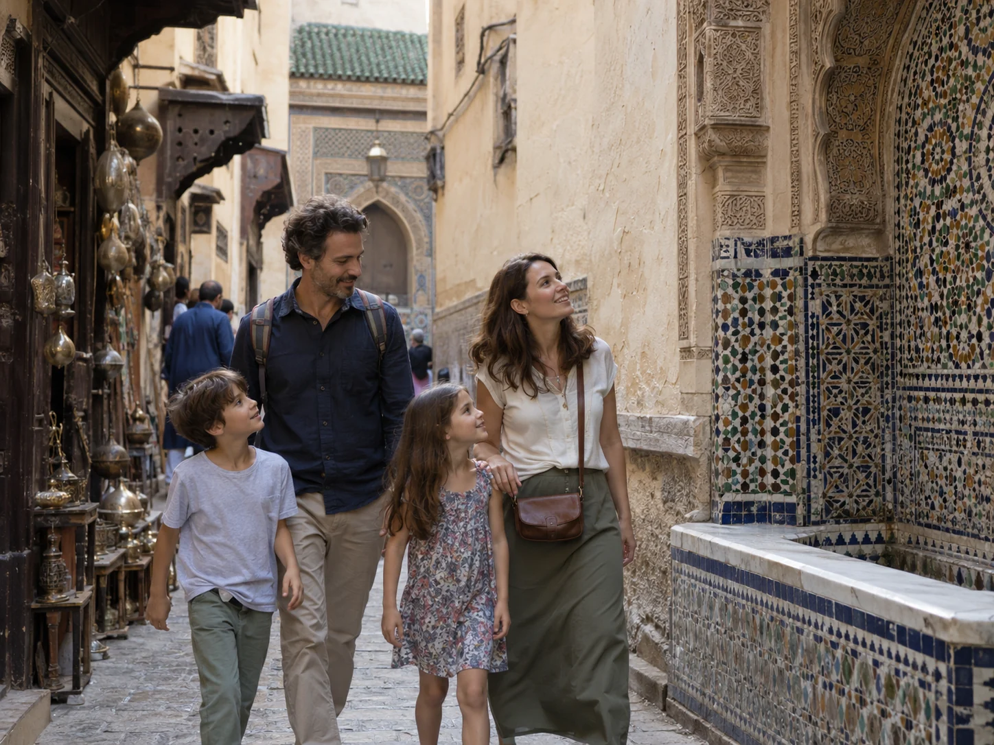 Famiglia davanti a una fontana storica nella medina di Fès