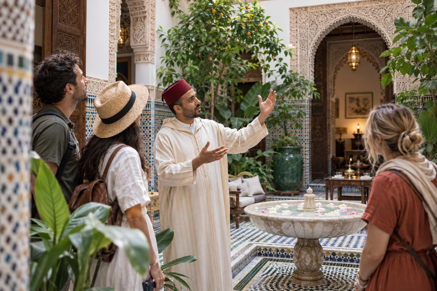 Guida locale che illustra un riad a un piccolo gruppo di viaggiatori