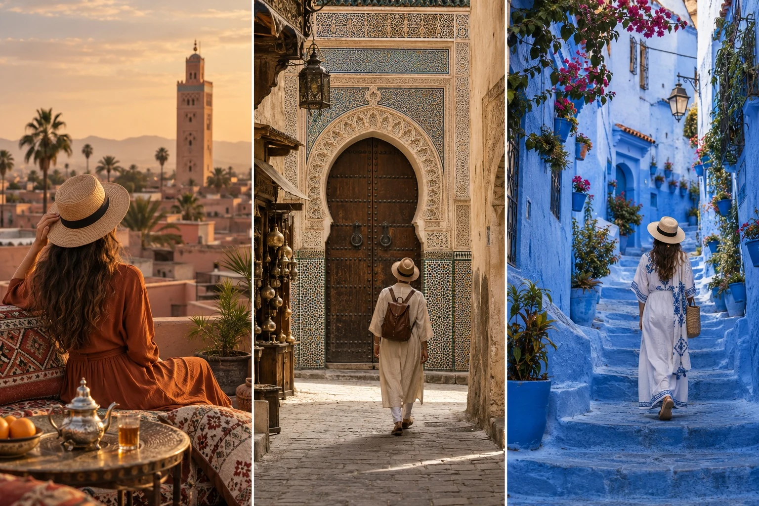 Trittico con una terrazza di Marrakech, una porta decorata di Fès e un vicolo blu di Chefchaouen