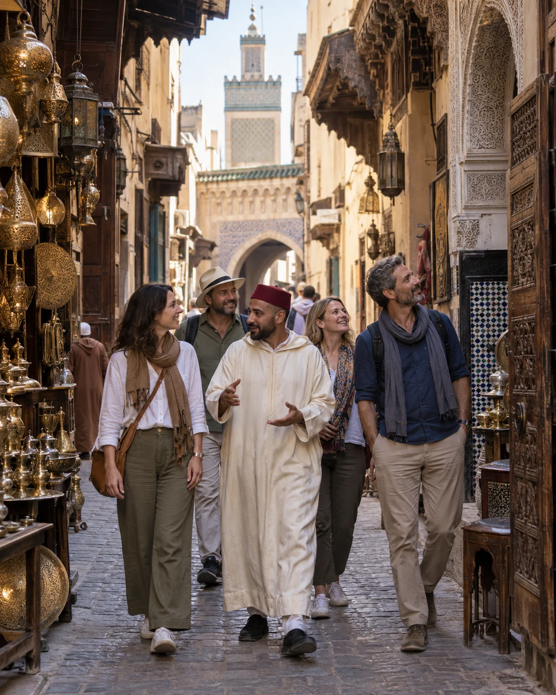 Amici con una guida tra le botteghe della medina di Fès