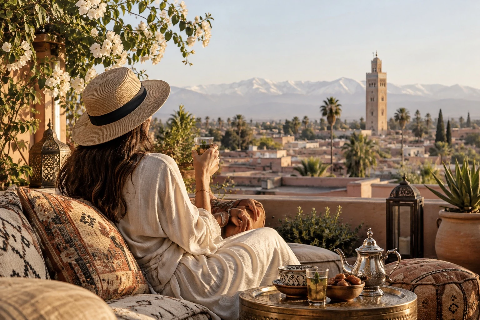 Viaggiatrice con un bicchiere di tè su una terrazza di Marrakech davanti al minareto e all’Atlante