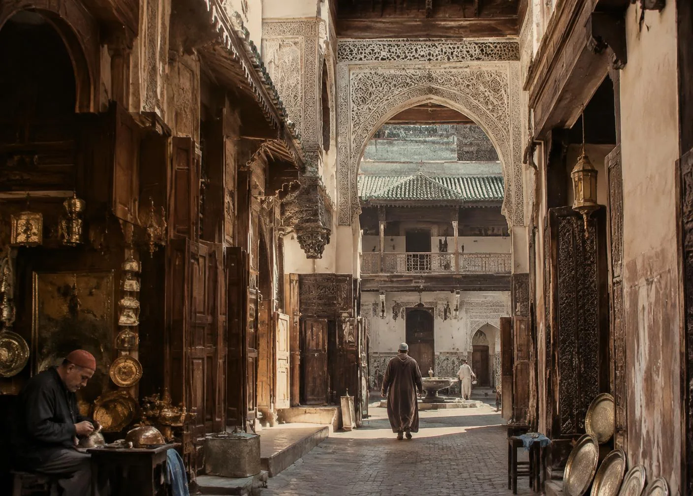 Vicolo storico della medina di Fès con botteghe artigiane e architetture tradizionali