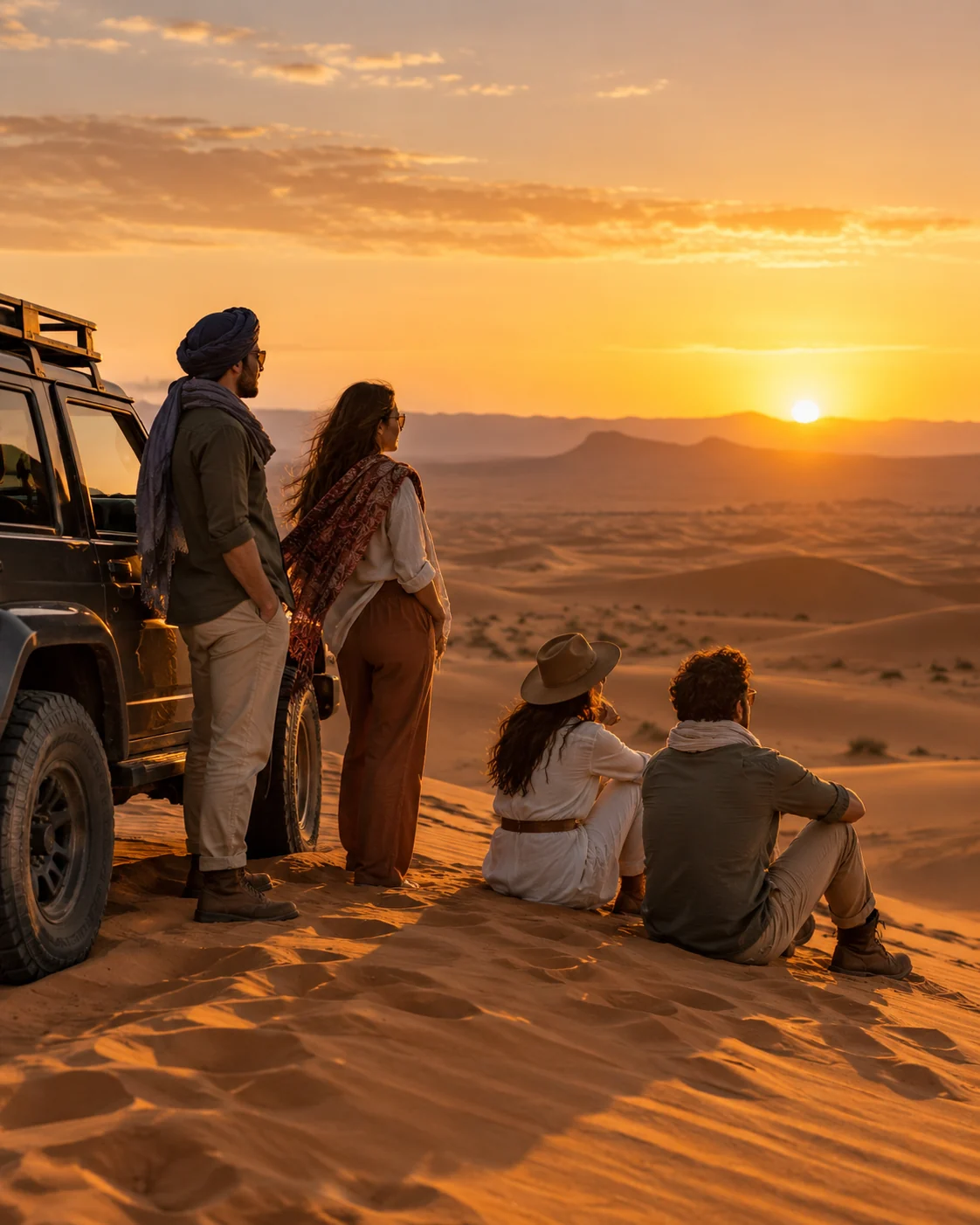 Gruppo accanto a un fuoristrada sulle dune del sud del Marocco