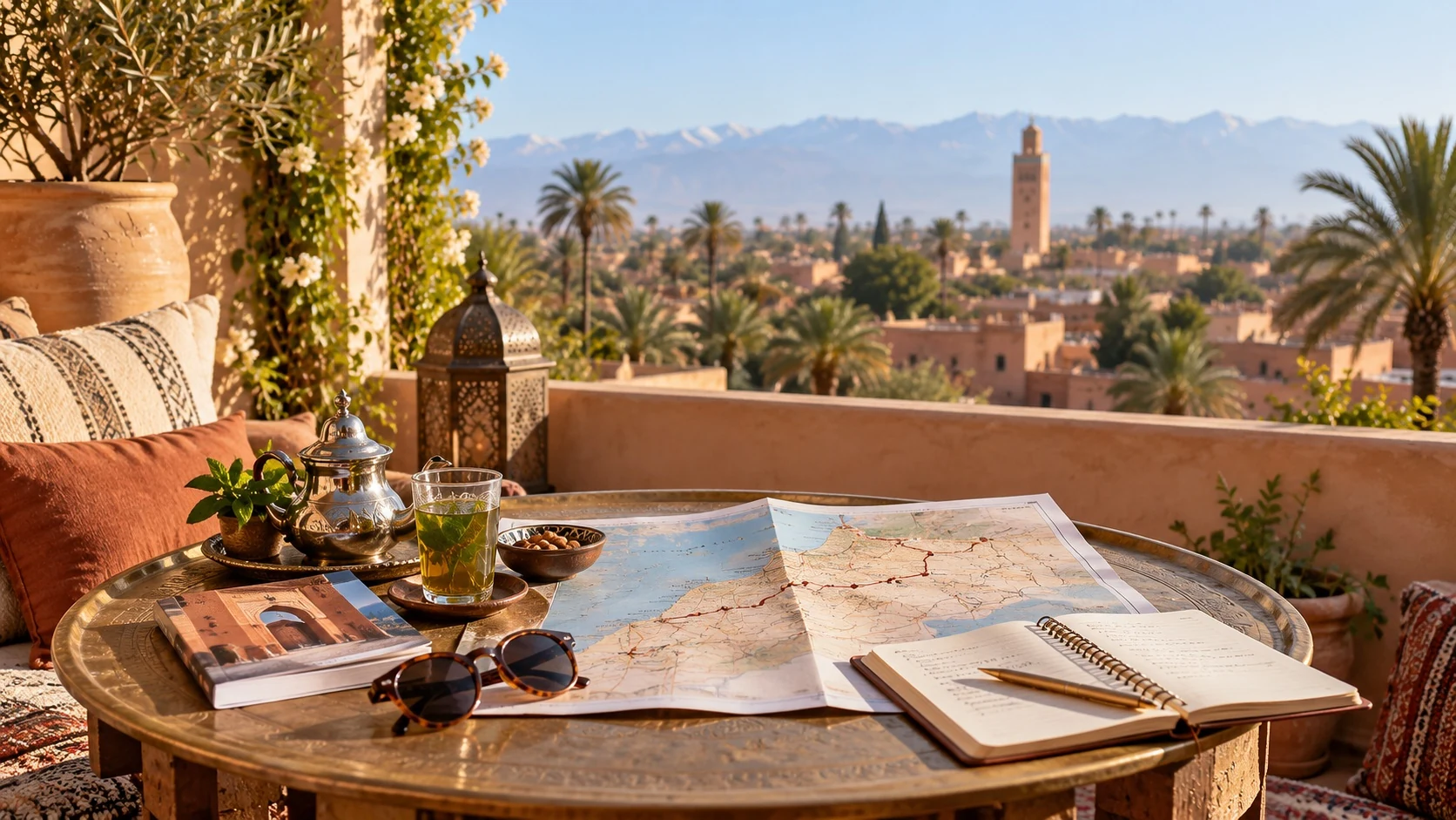 Mappa e quaderno di viaggio su una terrazza con vista su Marrakech e sulle montagne dell’Atlante