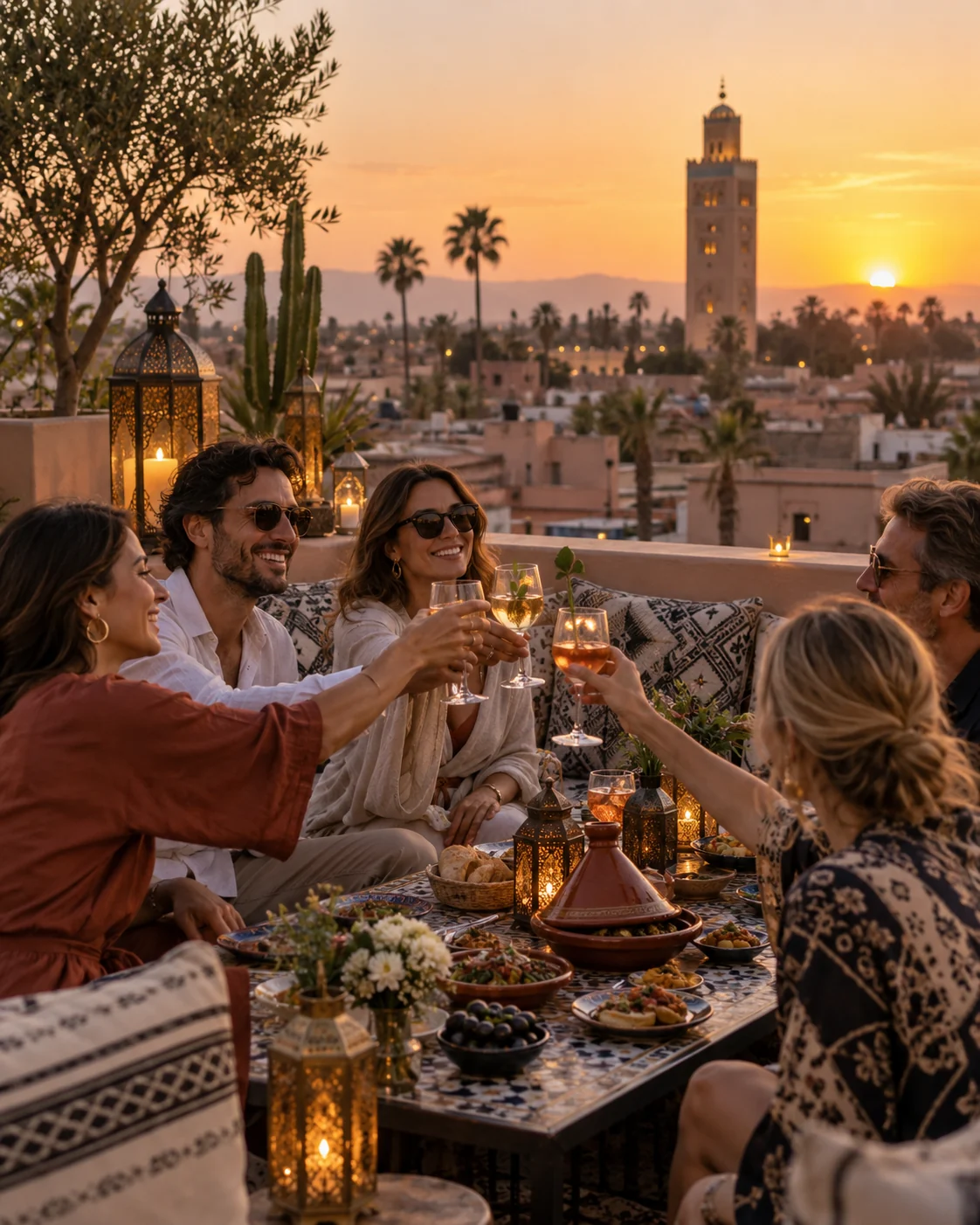 Amici brindano a cena su una terrazza a Marrakech al tramonto