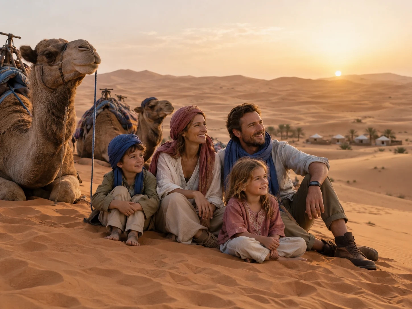 Famiglia seduta sulle dune accanto ai dromedari